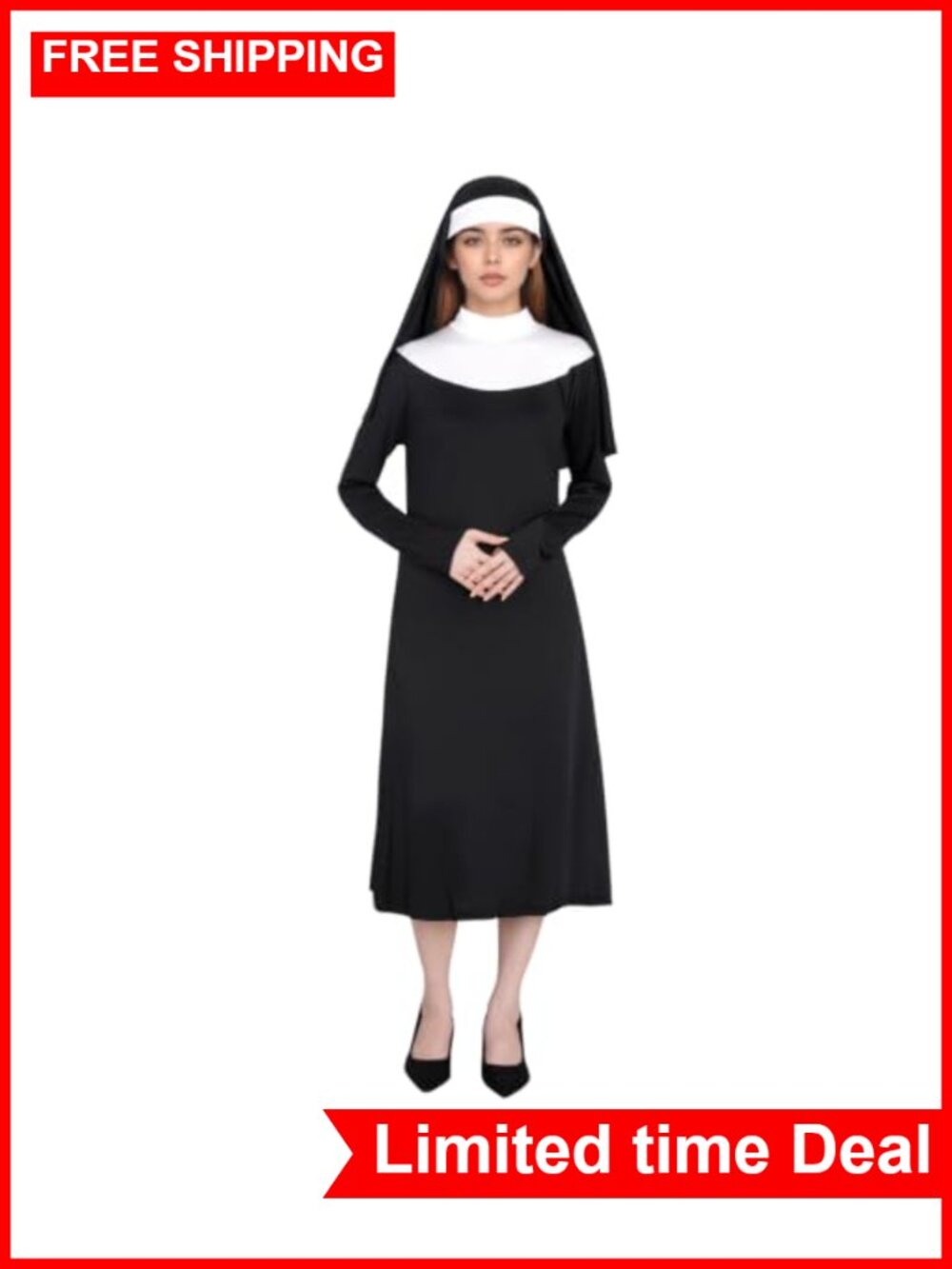 Women Nun Costume Adult Halloween Outfit with Headpiece Dress Up Cosplay